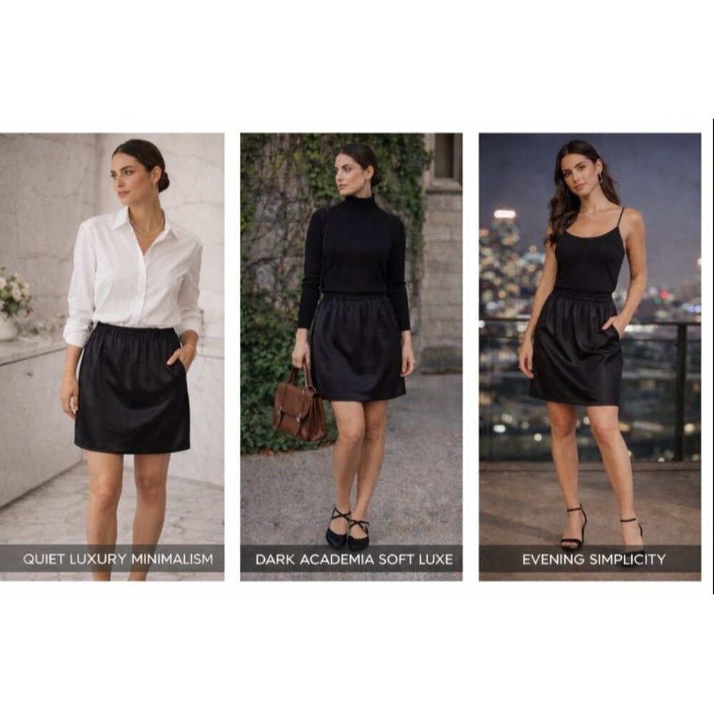 Maggie Shepherd Black Skirt XS Satin Short Minimalist Academia Quiet Luxury